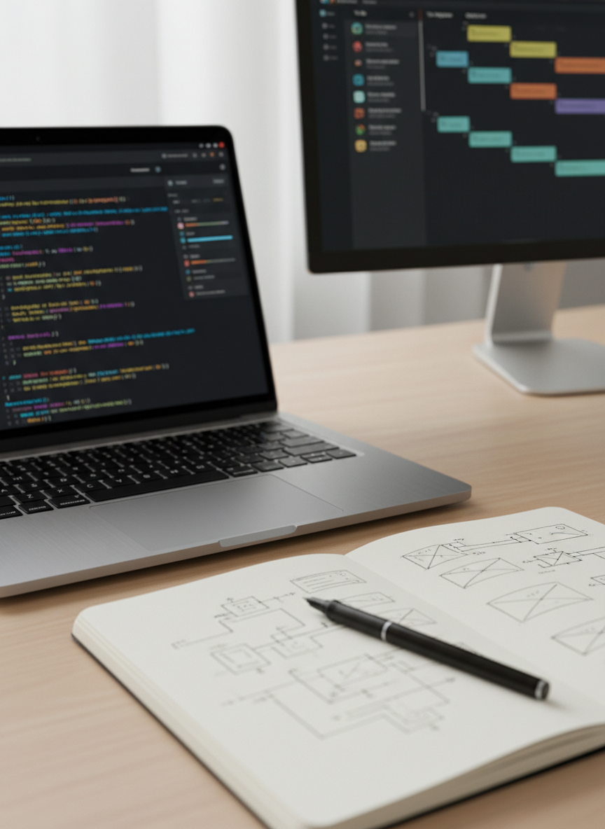 A sleek silver laptop with a subtle brushed metal texture sits open on a clean, light-wood desk, its dark screen displaying lines of crisp, colorful code and a simple project dashboard. Beside it, a minimalist notebook lies open with neatly written technical sketches and a fine-tip pen resting across the page. Soft, diffused daylight filters through an unseen window, creating gentle reflections on the laptop’s surface and a calm, professional atmosphere. In the softly blurred background, a single modern monitor shows a kanban board of tasks. Photographic realism, eye-level composition with shallow depth of field, emphasizing clarity, focus, and an organized tech workspace suitable for a career-transition blog hero image.