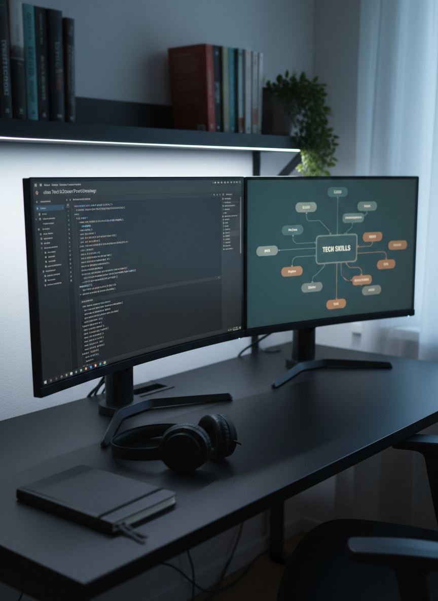 A tidy dual-monitor setup on a matte black desk, one ultra-wide screen showing a clean code editor with a dark theme, the other displaying a mind map of tech skills branching out in subtle, muted colors. A closed, graphite-colored notebook and a pair of simple over-ear headphones rest neatly nearby. Cool, even LED desk lighting and gentle ambient room light create soft highlights on the monitor bezels and a faint glow on the desktop. The scene is captured from a slightly elevated angle with sharp focus throughout, conveying a structured, intentional learning environment. Photographic realism with a modern, professional aesthetic that reflects systematic progress in a tech career pivot.