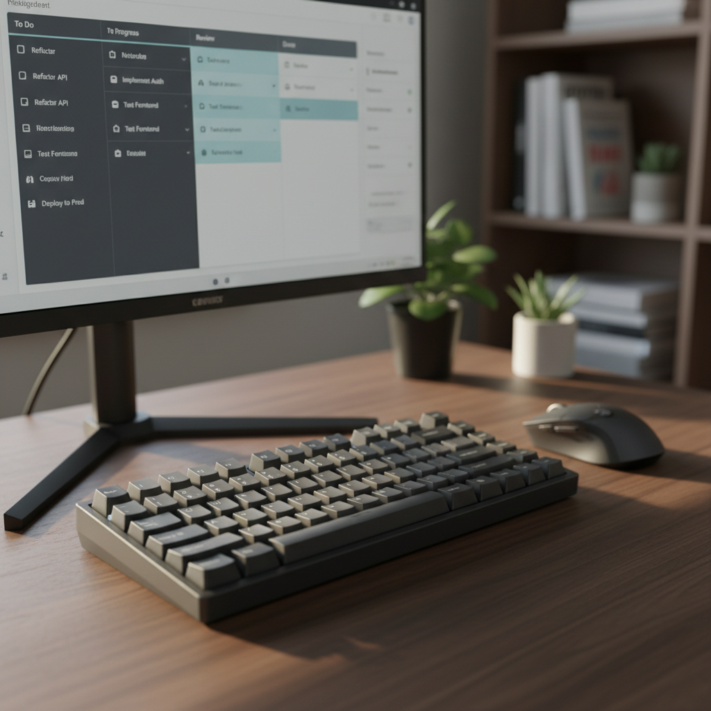 A close-up of a charcoal-grey mechanical keyboard with crisp white key legends and a slight satin finish, centered on a dark walnut desk. The keyboard is flanked by a compact, wireless mouse and a slim, black monitor stand holding a screen that displays a neatly organized project management board in soft blues and greys. Warm afternoon light from the side casts gentle shadows between the keycaps, highlighting their texture and precision. The background softly fades into bokeh, hinting at a tidy shelf with neatly stacked programming books. Photographic realism, low-angle, rule-of-thirds composition, creating a focused, professional mood that symbolizes hands-on coding and project work during a tech transition.